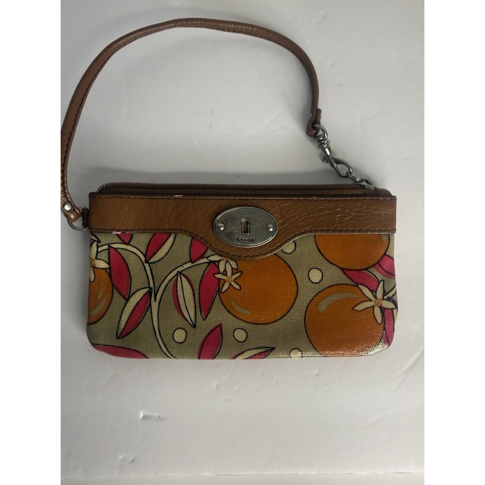 Fossil Key-Per Small Wristlet Bag Multicolor Floral Pattern Brown Strap